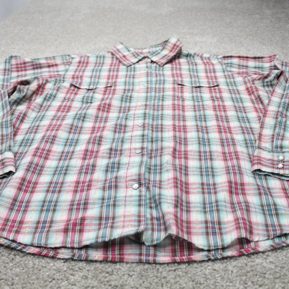 Wrancher Wrangler Pearl Snap Shirt Mens 2XL XXL  Pink/Blue w/Gold Metallic Strip - Picture 2 of 11